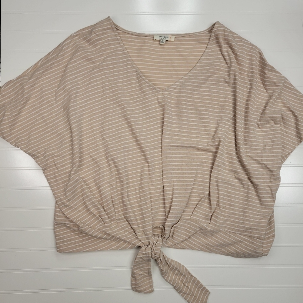 Umgee Short Sleeve Beige Stripe Tie Waist Top Blouse Size 1XL